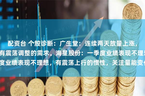 配资台 个股诊断：广生堂：连续两天放量上涨，冲破压力有难度，短期有震荡调整的需求。海星股份：一季度业绩表现不理想，有震荡上行的惯性，关注量能变化（杨勇）
